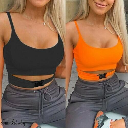 Summer New Fashion Women Sexy Sling Personalized Buckle Straps Crop Tank Tops Summer Casual Sleeveless Short Vest