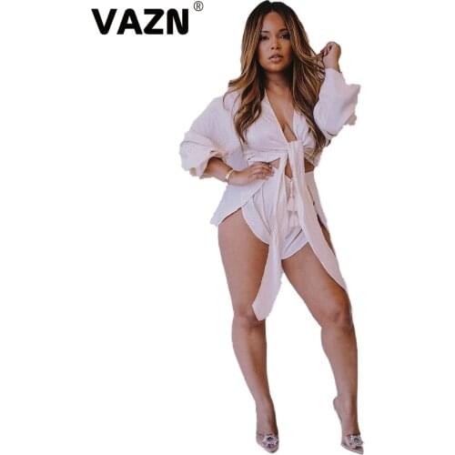 VAZN 2020 Summer Top Quality Hollow Out Sexy Novelty Sweet Young Full Sleeve Bandaeg Top Short Pants Slim Women 2 Piece Set