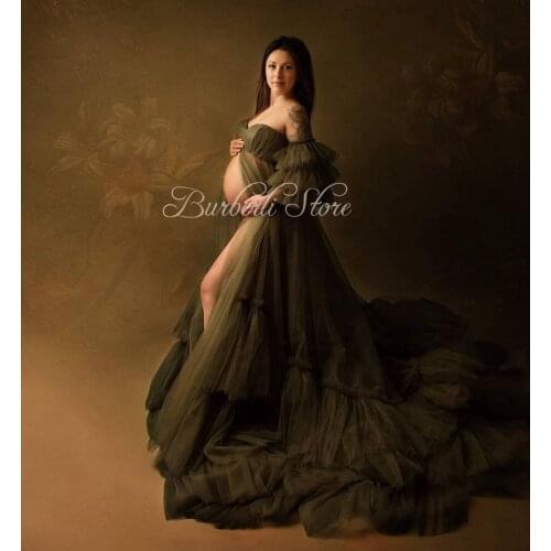 Fashion Army Green Off The Shoulder Tulle Tiered Maternity Women Dress Sexy Open front Ruffles Mesh Pregnancy Dressing Photograp