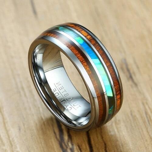 8mm Stainless Steel Fashion Men Rings Inlay Wood Abalone Shell Engagement Wedding Band Anniversary Rings