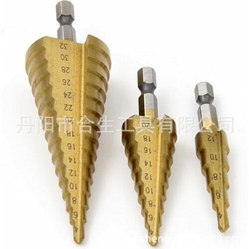 4-12/4-20/4-32mm hex handle straight grooved titanium step drill set three piece set pagoda drill bit