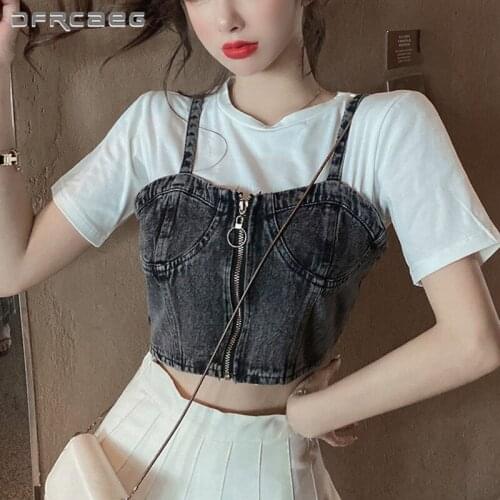 Sexy Sleeveless Zipper Denim Tanks Corset For Women 2021 Streetwear Slim Summer Crop Tops Jeans Vintage Short Camisole Femme