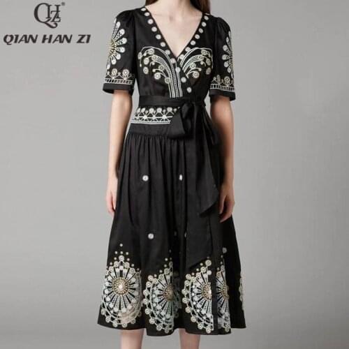 Qian Han Zi spring designer fashion summer dress V-necked vintage Flower embroidery black party Dress Women New 2021