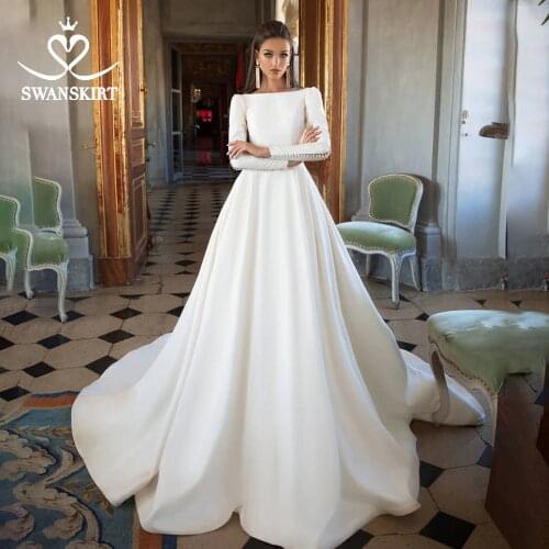 Long Sleeve Satin Wedding Dress SwanSarah Vintage Backless Princess A-Line Court Train Bride Grown Button Vestido De Noiva I195