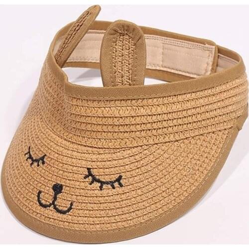 Packable Children Straw Paper Sun Visor Hat Summer Cap For Cute Girls 2-5yrs Cartoon Sleeping Eyes Ears Khaki Ivory Beige Pink