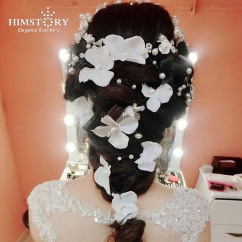 HIMSTORY White Lace Flower Hairband Tiaras HAndmade Pearl Bride Headband Bridal Noiva WeddingHeadpieces Hair Jewelry Accessories