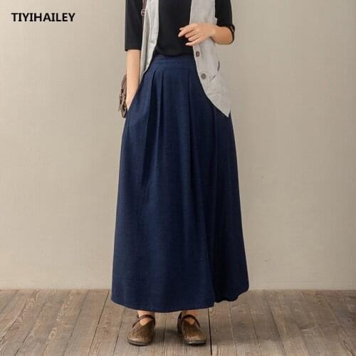 TIYIHAILEY Free Shipping 2020 New Vintage Long Maxi A-line Skirts Women Elastic Waist Autumn Spring Blue Summer Linen Skirts