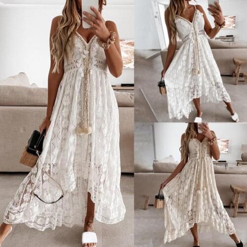 Summer Maxi Dress Hollow Out Lace Women Spaghetti Strap Large Hem Dress Loose Dresses Vintage Elegant Off Shoulder Long Dress
