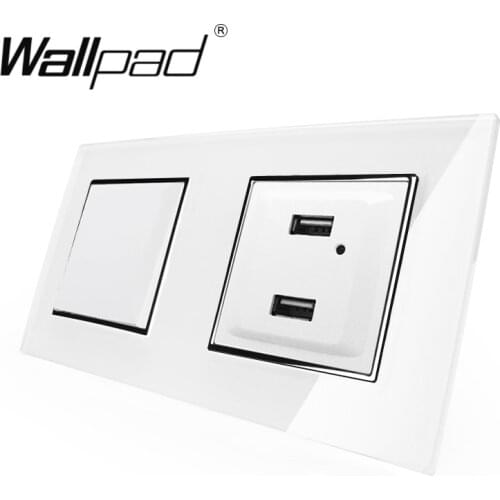 2 USB Socket + EU Button Switch Wallpad White Glass Frame 1 Gang 2 Gang Switch Outlet with USB Charging Ports Clips Mount Back