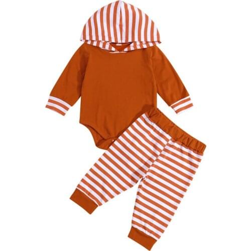 0-24 Months Baby Boys 2pcs Spring Autumn Set Baby Infant Double Color Stripes Long Sleeve Hooded Romper Long Pants Boys Set