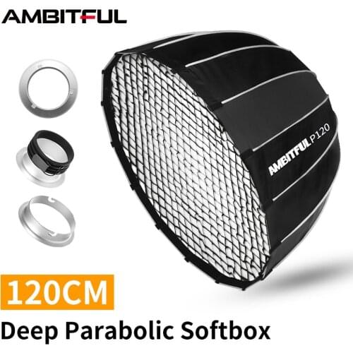 AMBITFUL P120 Portable 120CM 16 Metal Rods Deep Parabolic Softbox + Honeycomb Grid Bowens Mount Studio Flash Speedlite Softbox