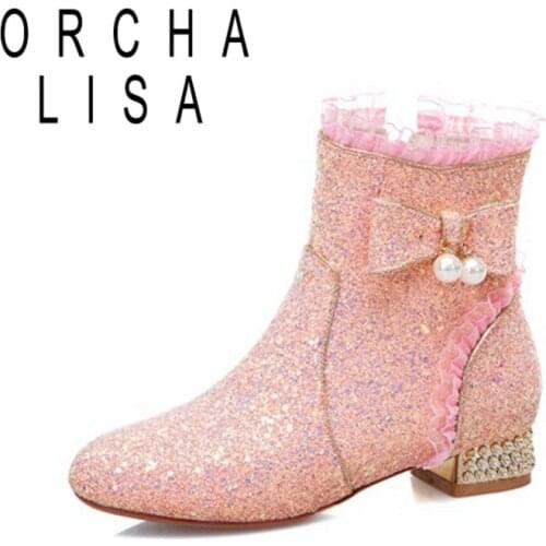ORCHA LISA Princess Lace Ankle Boots Bowtie Pearl Crystal Sequined Cloth Round Toe Zip 2.5cm Short Heel US12 Pink Silver A4212