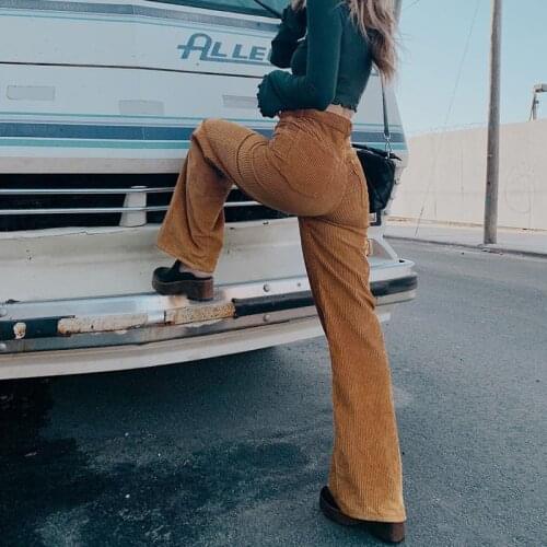 2021 New Womens Corduroy Flare Pants High Waist Pocket Solid Long Pants Casual Loose Elegant Bell Bottoms Trousers Female