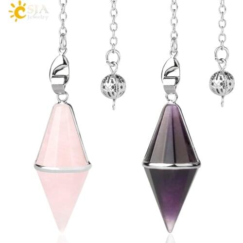 CSJA Multifaceted Natural Crystal Pendulum Reiki Stone Tiger Eye Pink Quartz Healing Pointed Pendant for Dowsing Divination G603