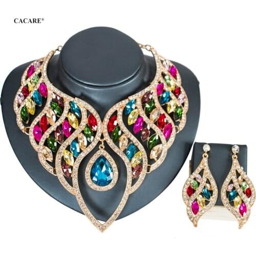 Vintage Jewelry Sets Women Big Necklace Earring Set Indian Dubai Gold Jewellery F1140 Rhinestone Party Jewels 6 Colors CACARE