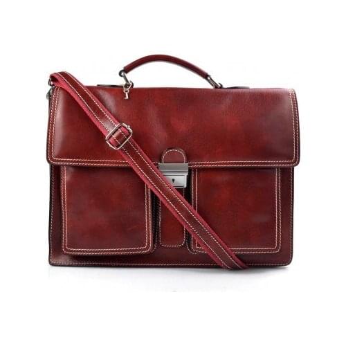 Leather briefcase business bag conference bag satchel red
