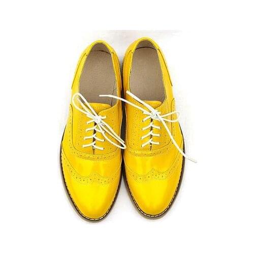 Fashion British Style Carved Genuine leather Yellow Color matching Lace-up Big Yards Oxford Shoes Women optional Leisure shoes