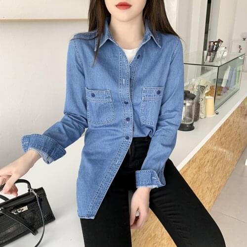 New 2021 Long Denim Womens Tops Spring Autumn Casual Long Sleeve Plus Size Shirts Loose Outwear Jean Coats Blue Oversized Shirt
