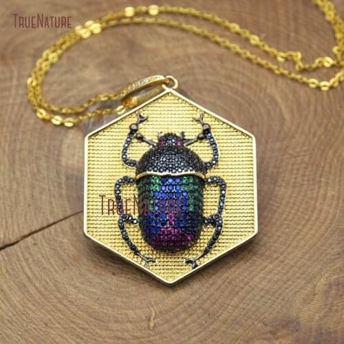 Beetle Cutely Insect Charm With Hexagon Gold Color Finish Copper Chains Colorful Zircon Beads Pave Charm In 18 Inch NM10380