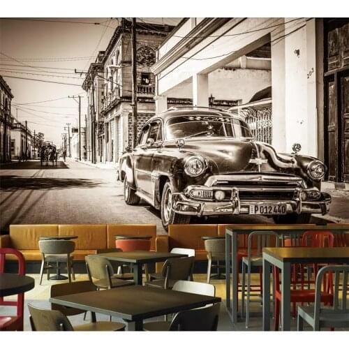 Beibehang Custom large photo wallpaper 3d retro nostalgic black and white street classic car hotel restaurant mural 3d wallpaper