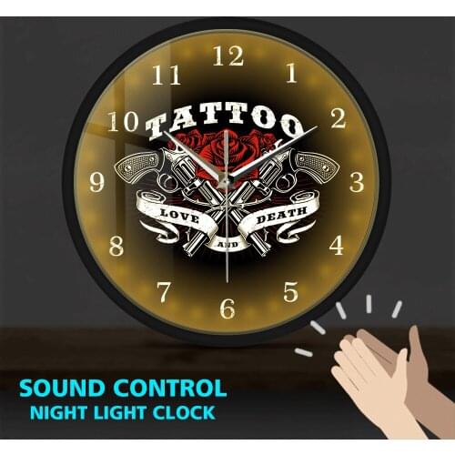 Retro Tattoo Metal Frame Luminous Wall Clock Sound Control Love And Death Rose Tattoo Guns Horologe Tattoo Studio Tattooist Gift