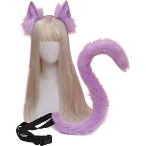 Q1FA 3Pcs/Set Lolita Handmade Furry Animal Cat Ear Tail Set Plush Ear Hairhoop KC Hairband Cosplay Hair Accessories