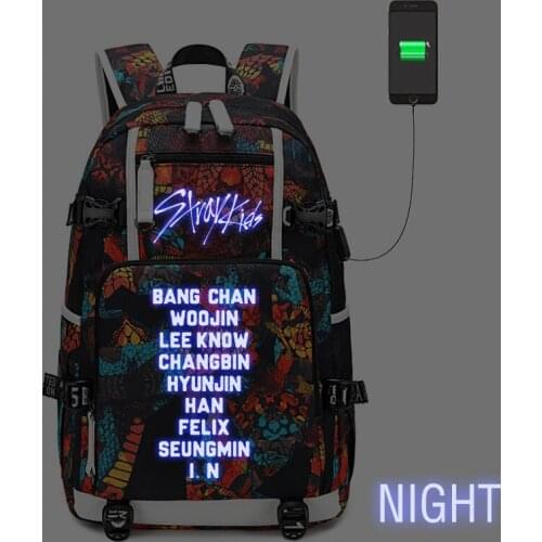 WISHOT Stray Kids Rucksack Backpack Fans Bag USB Charging Laptop Luminous Travel Student School Bags