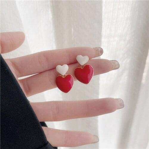 S925 needle red love earrings temperament lovely earrings in 2021 new tide earrings drop earrings clip no piercings for women