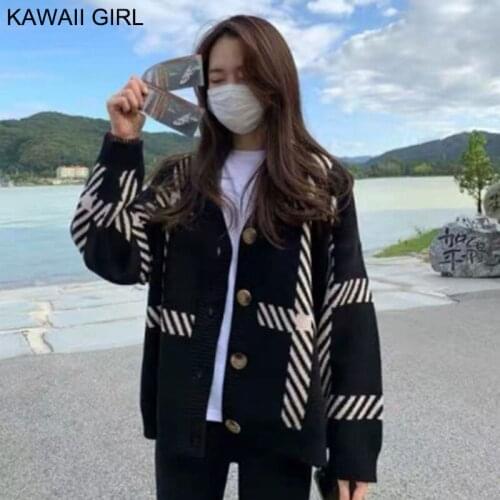 Sweater Jacket Women Autumn Winter New Loose Simple Striped Knit Cardigan Sweater Coat Female Korean V-Neck Ladies Sweater 2020