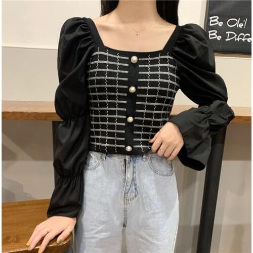 Patched Full Flare Sleeve Knitted Sweaters Crop Tops Girls Square Collor Plaid Stretchy Knit Sweater Pullovers Women