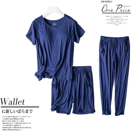 Modal plus size pajamas female summer three-piece suit with chest pad short-sleeved bra-t shorts half-sleeved casual home servic