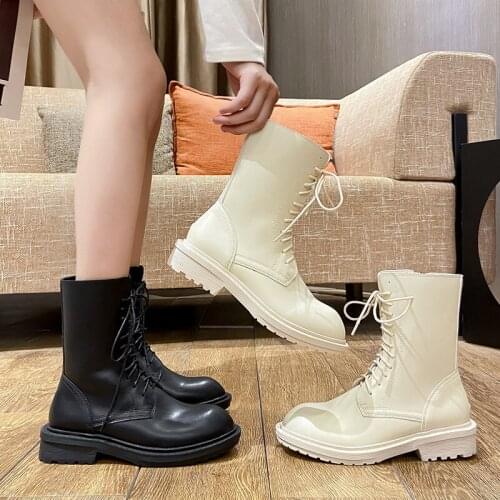 2021 Winter Women Platform Boots Brand Mid Calf Boots Fashion Womens Chunky Gladiator Boots Leather 9cm High Wedge Shoes Woman