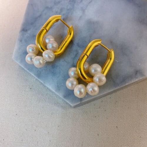 Women real gold plated earrings hoop with freshwater pearl and purple crystal pendant