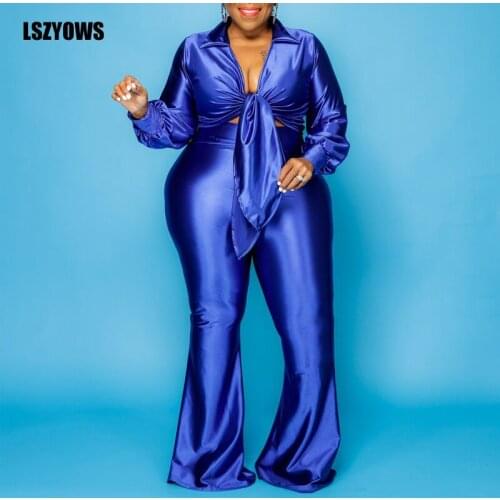 Plus Size Two Piece Outfits Women Clothing Long Sleeve V Neck Lace Up Crop Tops And Wide Leg Pants 2 Pieces Set Casual Tracksuit