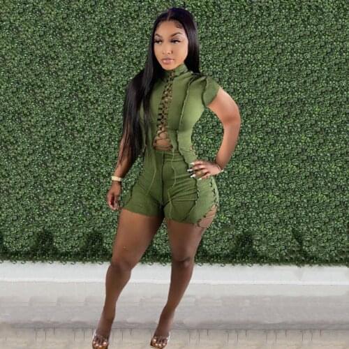 Lace Up Hollow Out Rompers Womens Bodysuit Sexy Short Sleeve Elastic Hight One Piece Overall Summer Drawstring Sheath Playsuit