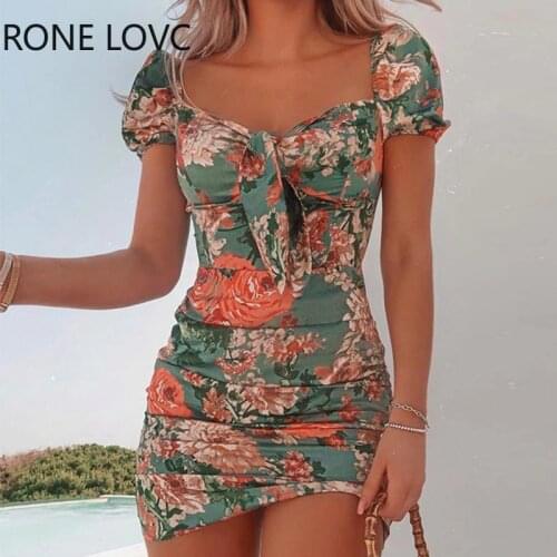 Women Elegant Fashion Sweet Floral Square Neck Tie Front Dress Mini Dress Bodycon Dress