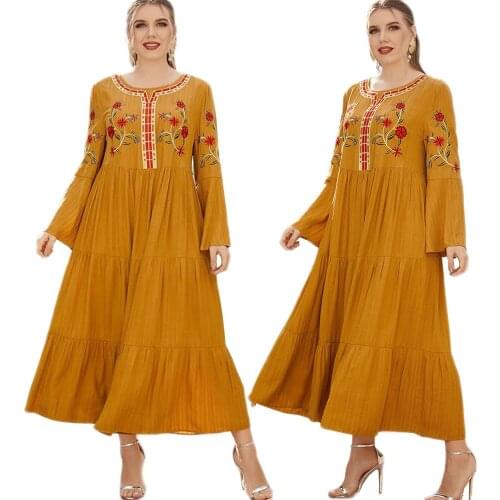 Women Casual Loose Ethnic Embroidery Long Dress Kaftan Flare Sleeve Maxi Robe Gown Muslim Arab Abaya Islamic Clothing Plus Size