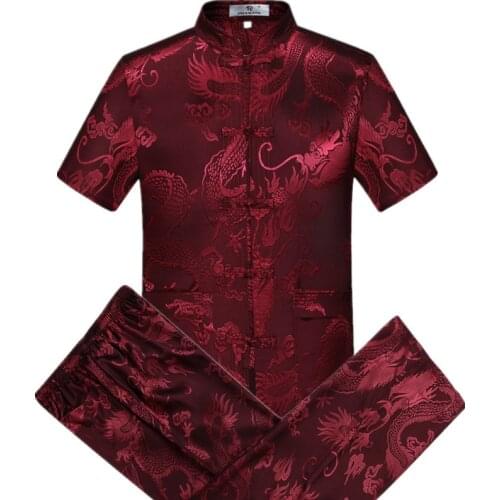 1 set short sleeve silk fabric tai chi clothing china style dragon embroidery kung fu Tang suit martial arts wushu clothing