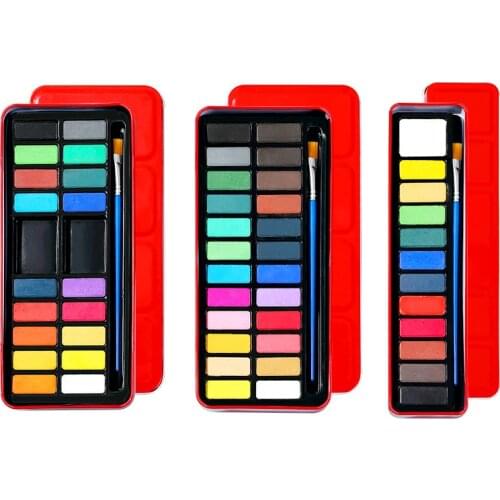 12/18/24 Colors Solid Watercolor Paint Set Portable Metal Box With Water Color Brush School Kids Professional Art Supplies