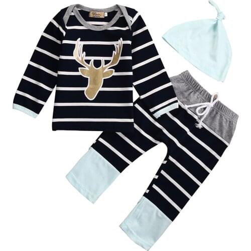 Newborn Baby Boy Girl Long Sleeve Tops +Long Pants Hat 3PCS Outfits Set Clothes 0-18 Months Boys clothes blue striped 3pcs sets