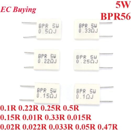 5pcs 5W BPR56 0.01R~0.5R Non-inductive Ceramic Cement Resistor Resistance 0.1R 0.22R 0.25R 0.5R 0.15R 0.033R 0.05R 0.47R ohm