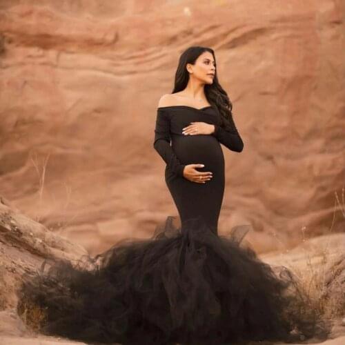Black Mermaid Maternity Gowns for Photo Shoot Off the Shoulder Women Long Sleeve Dresses Wedding Prom Party Bathrobe Sleepwear