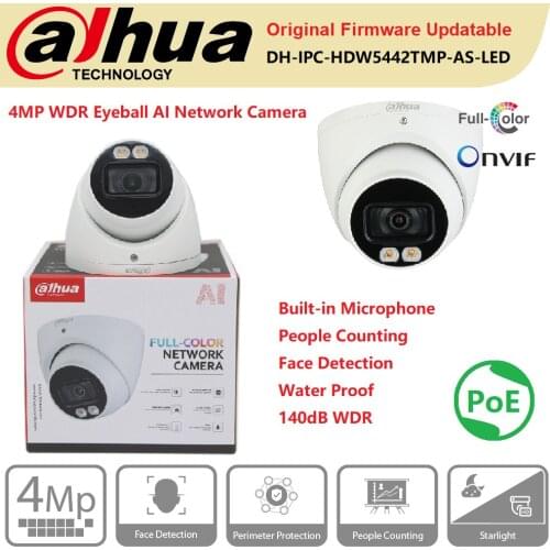 IP Camera Dahua 4MP IPC-HDW5442TM-AS-LED Eyeball AI Network Camera Built-in Mic PoE Full Color Onvif Face Detection