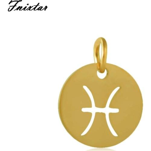 Fnixtar Twelve Constellations Pisces Charm Stainless Steel Jump Ring Gold Color Zodiac Sign Charm Bracelet Accessories 10pcs/lot