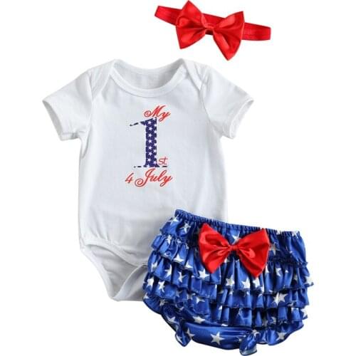2021 Baby Girls Three-Piece Suit Letter Print Short-Sleeved Romper + Ruffles Shorts + Headwear for Birthday Party Costume
