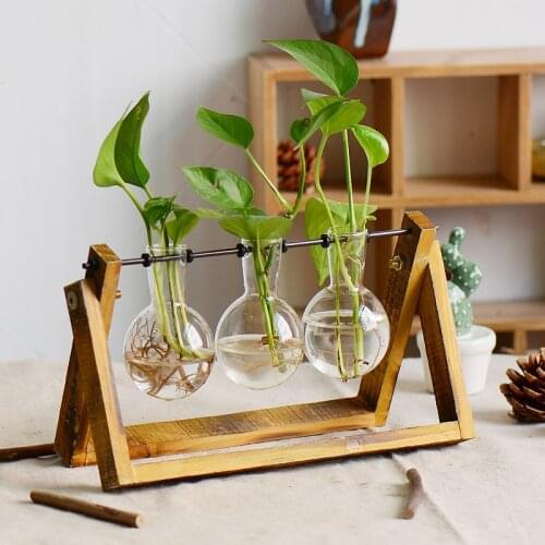 Creative Hydroponic Transparent Glass Vase Desktop Small Fresh Container Decorations Made Old Wooden Fire Hydroponic Ornaments