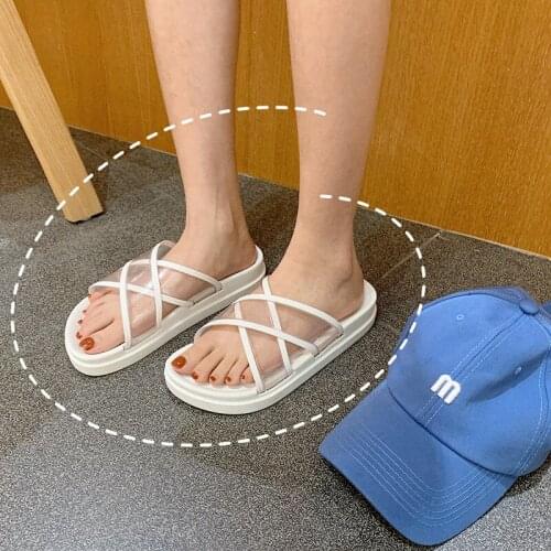 Summer new fashion PVC cross belt flat bottom slippers Harajuku style thick bottom light and comfortable womens slippers
