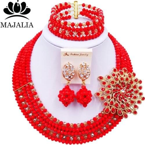 Majalia Red and Gold ab Crystal Beaded Pretty African Jewelery Set Nigerian Wedding Clothing Jewelery Sets 5ST004