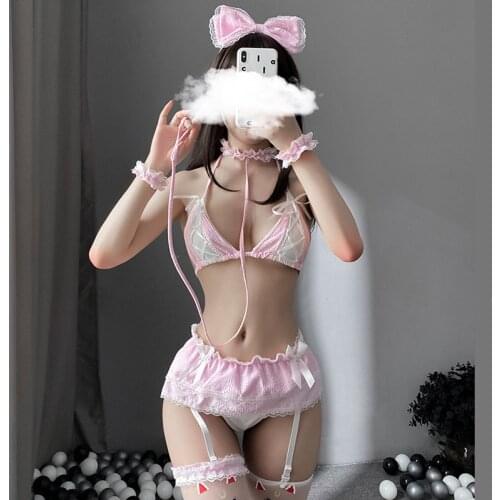 Cute Bow Women Maid Linegrie Sexy Pink Blue Lace Uniform Japanese Lolita Roleplay Miniskirt Erotic Set Porno Underwear