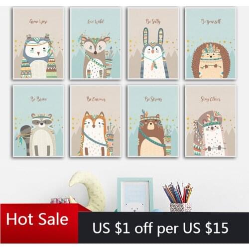 Woodland Deer Raccoon Fox Bear Owl Nordic Posters And Prints Nursery Canvas Painting Wall Art Pictures kids Baby Room Decor